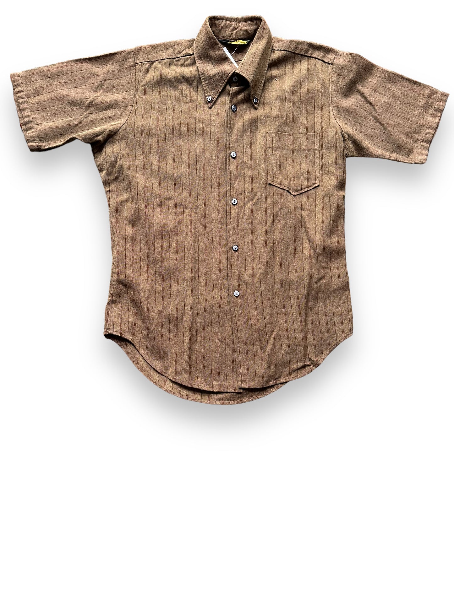 Front View of Vintage Davinci Brown Stripes Short Sleeve Button Up Shirt SZ M | Vintage Button Up Shirt Seattle | Barn Owl Vintage Seattle