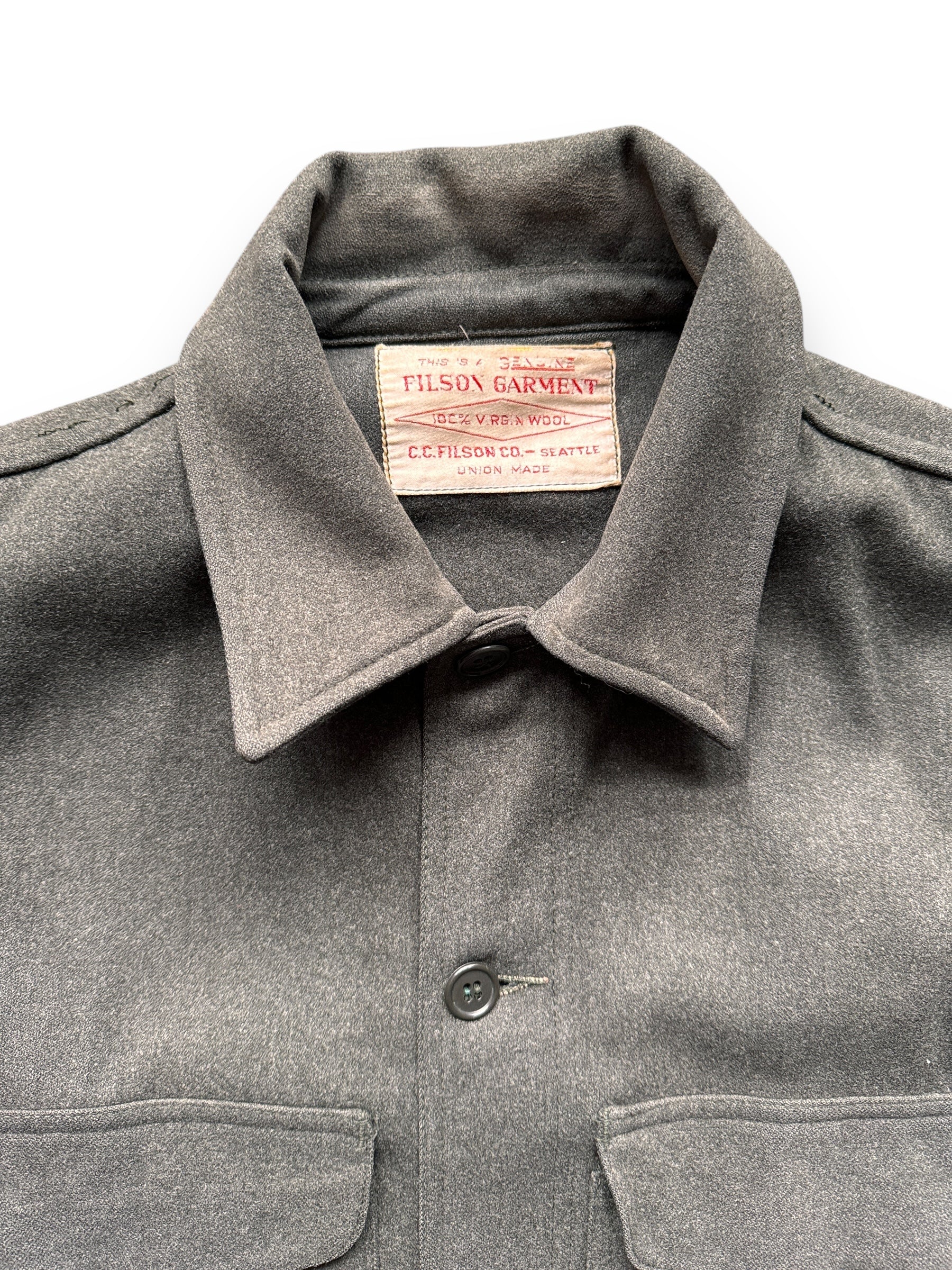 Collar and Tag View of Vintage Union Made Filson Wool Cruiser SZ 44