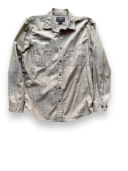 Front View of Filson Brown Chambray CPO Shirt SZ M |  Barn Owl Vintage Goods | Filson Bargain Outlet Seattle