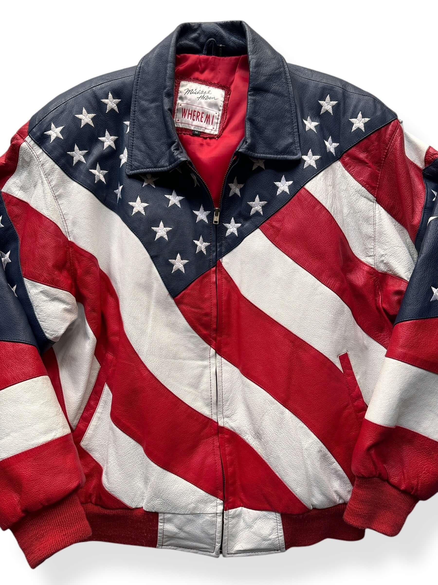 Front Close Up of Vintage Michael Hoban WhereMI Flag Leather Jacket SZ M