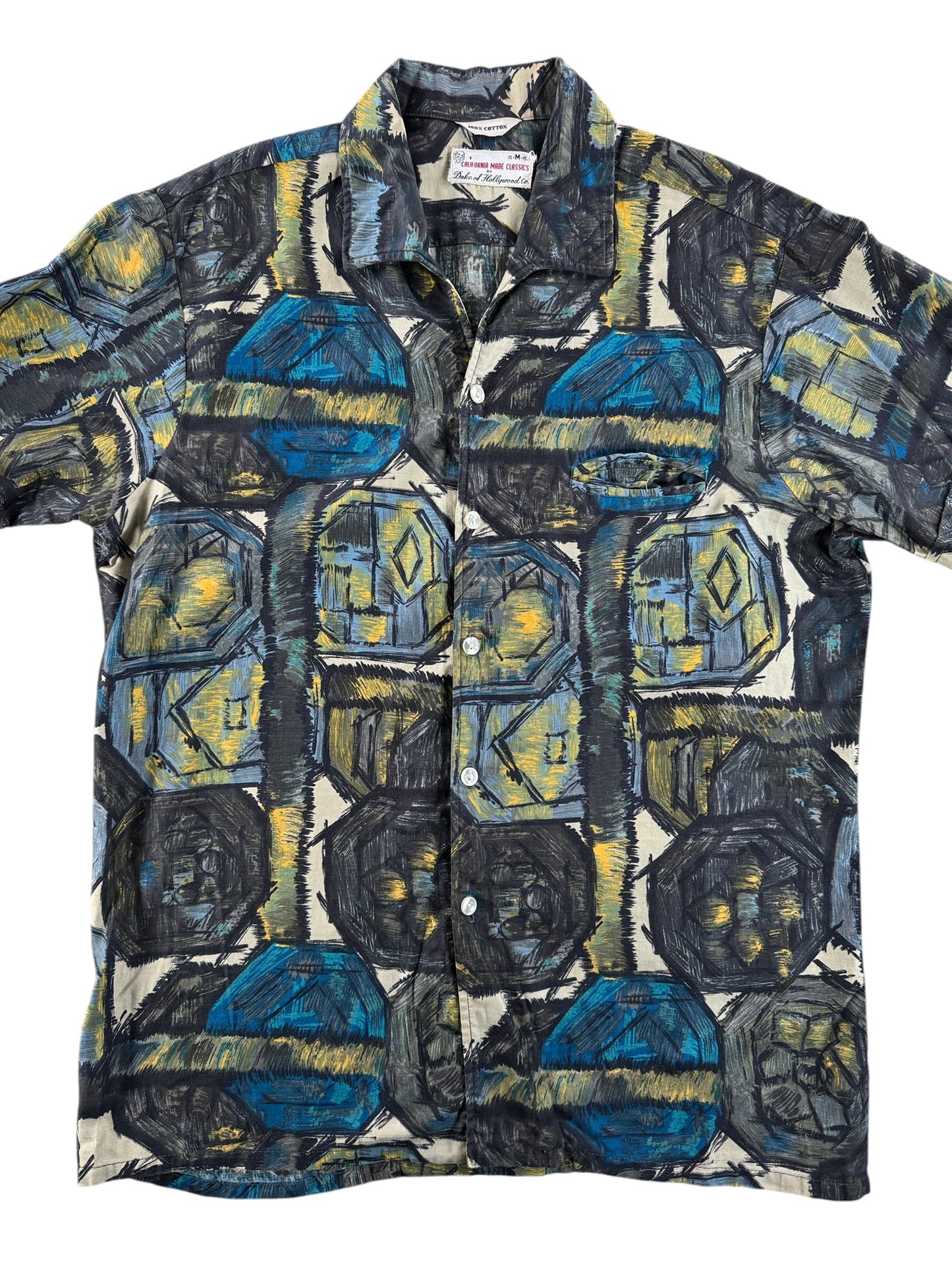 Front Close Up of Vintage Duke of Hollywood Cotton Aloha Shirt SZ M