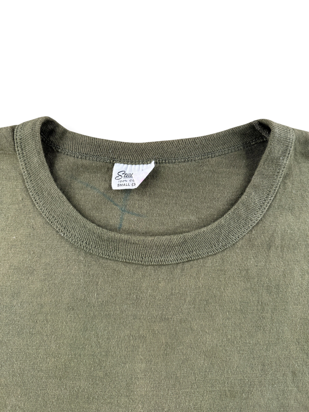 Collar on Vintage 50s Stedman Blank Green Tee SZ S (Fits XS)