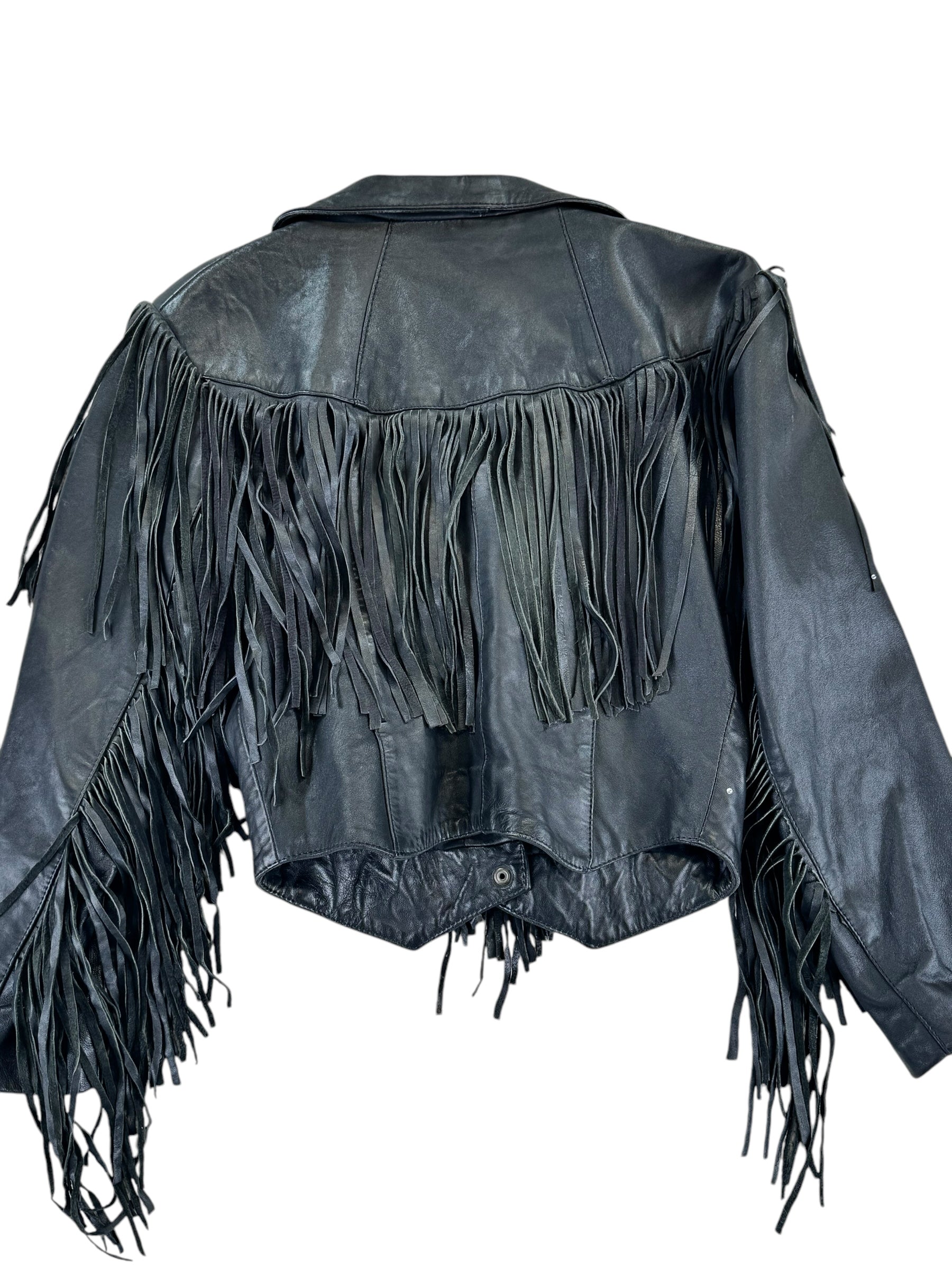 Back flat view of 1980s Black Leather Fringe Cropped Jacket M