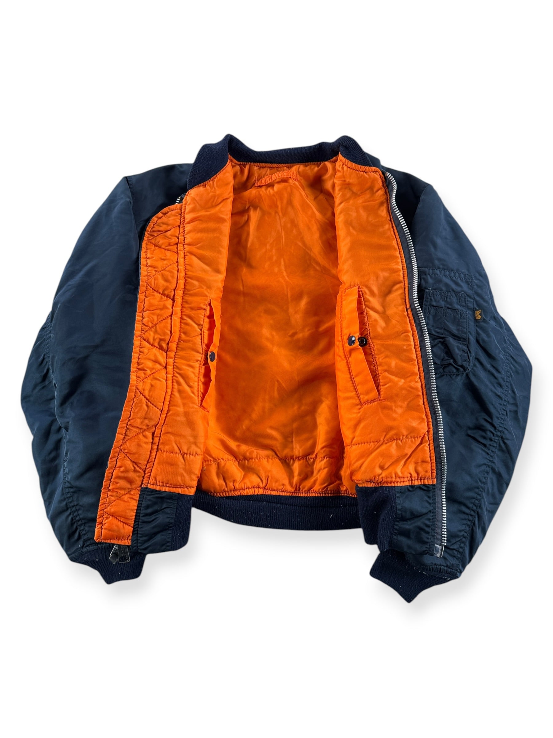 Inside of Vintage Navy Blue Alpha Industries Bomber Jacket SZ L