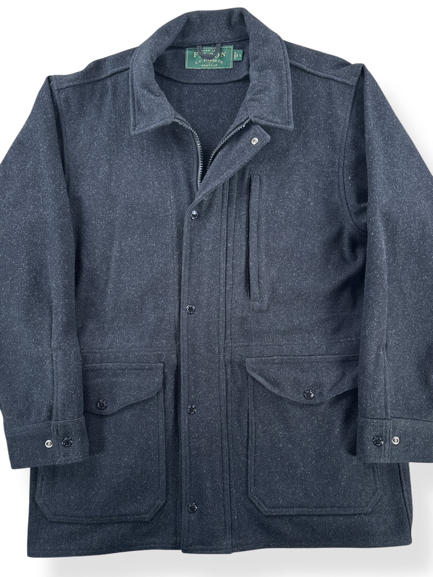 Front Close Up of Filson Green Label Mackinaw Wool Coat SZ L