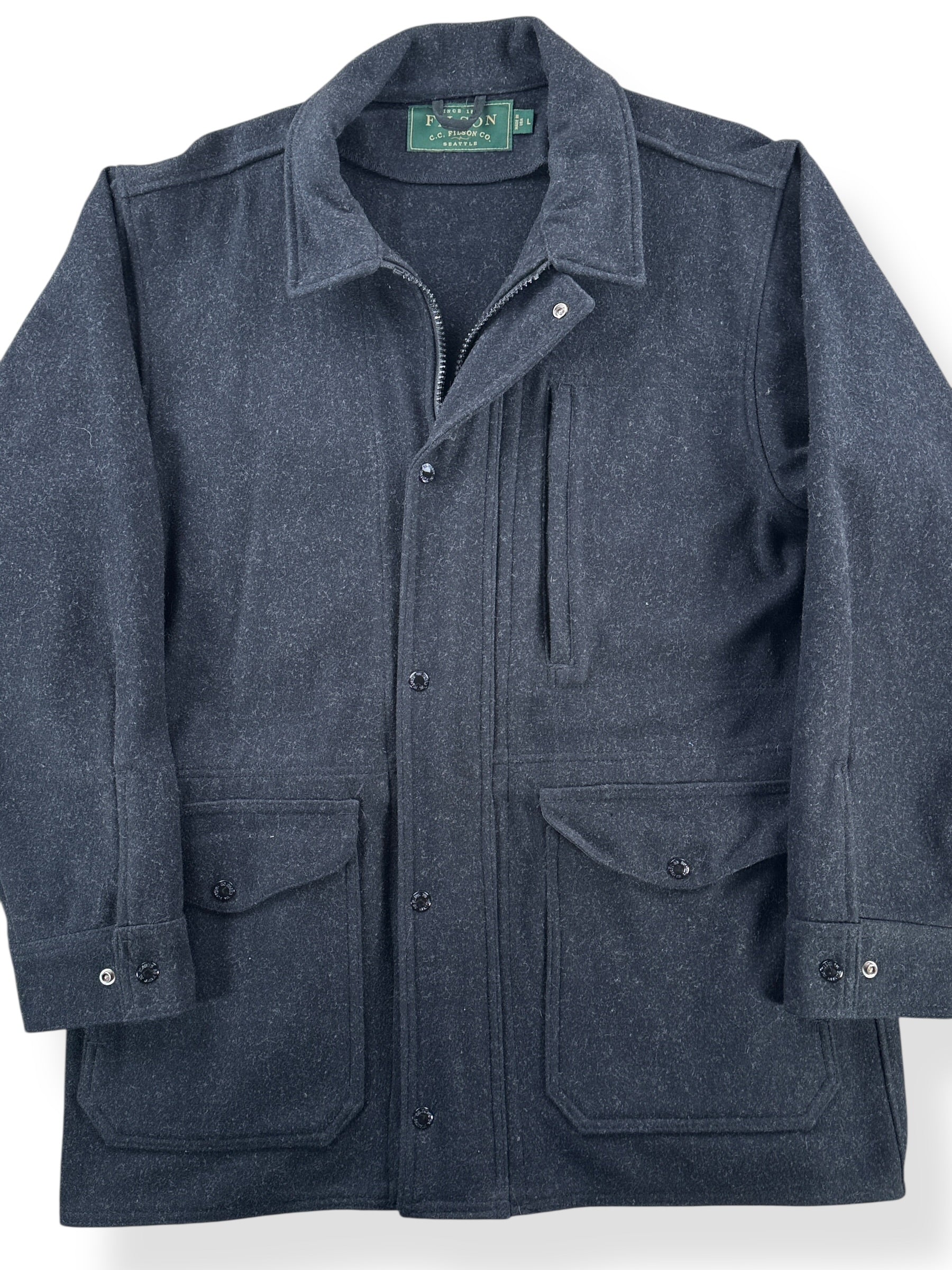 Front Close Up of Filson Green Label Mackinaw Wool Coat SZ L