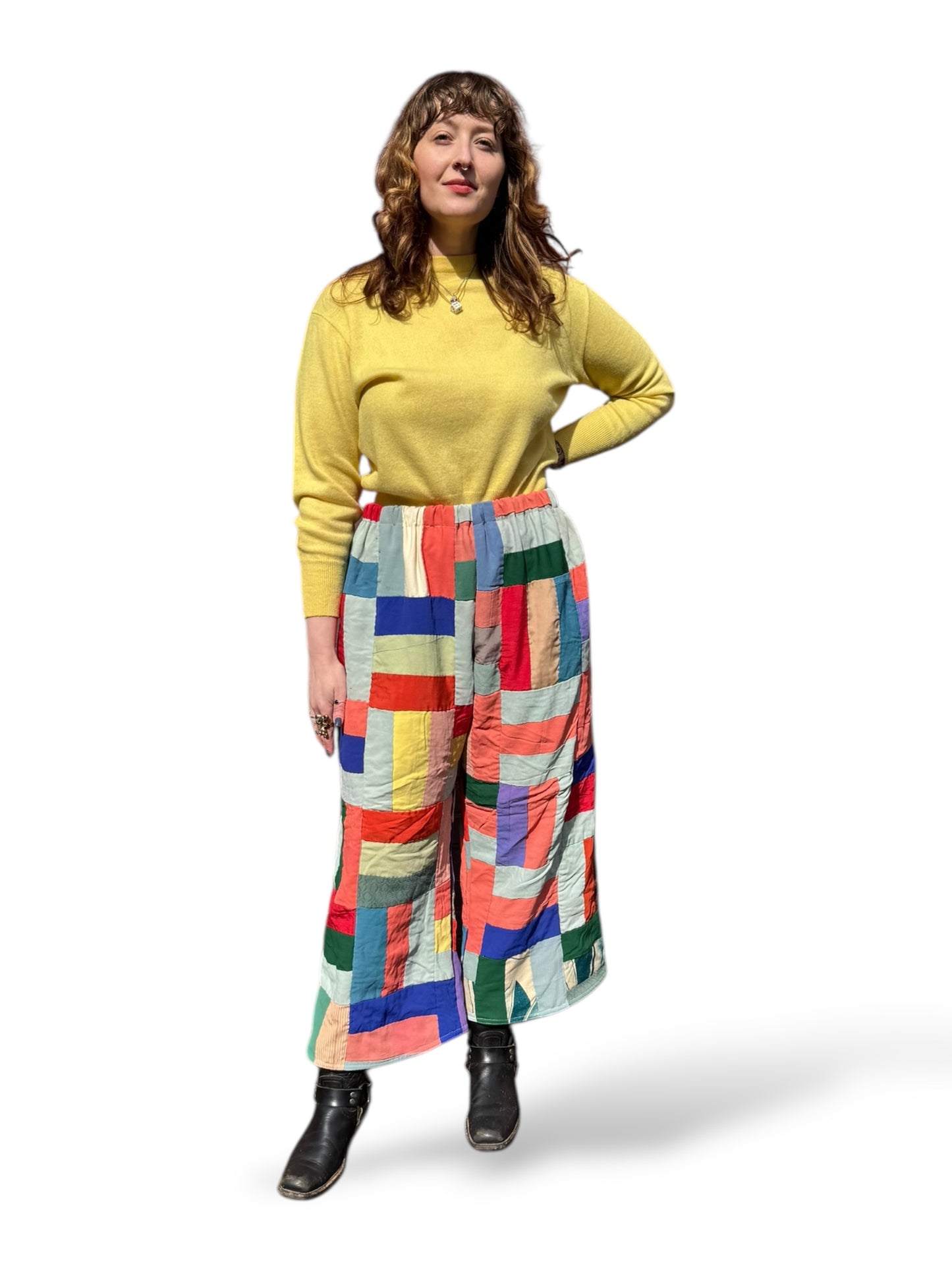 On Body Front of Archive Craft X Barn Owl Vintage Quilt Pants SZ L