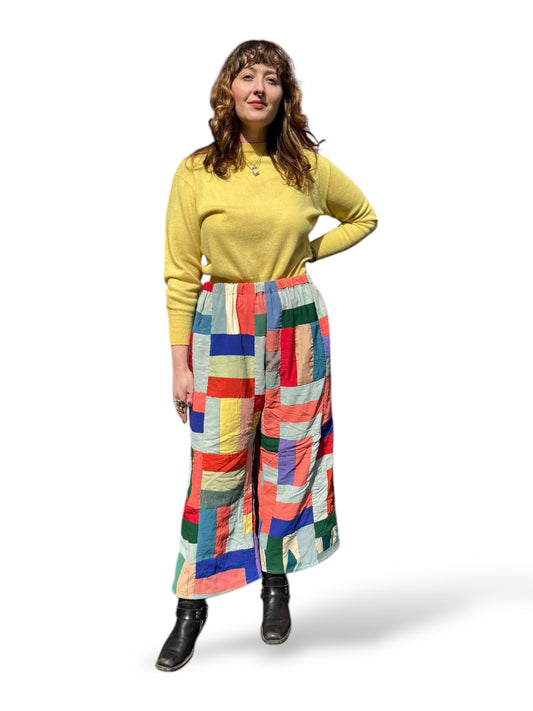 On Body Front of Archive Craft X Barn Owl Vintage Quilt Pants SZ L