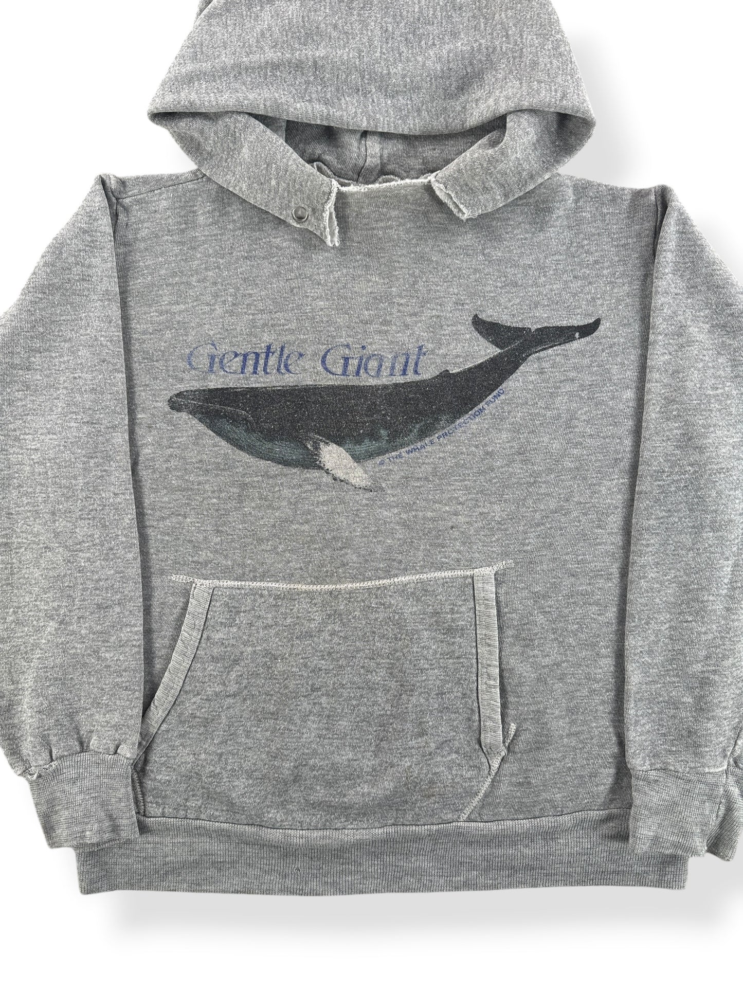 Front Close Up of Vintage 80s Gentle Giant Whale Hoodie SZ S - AS IS