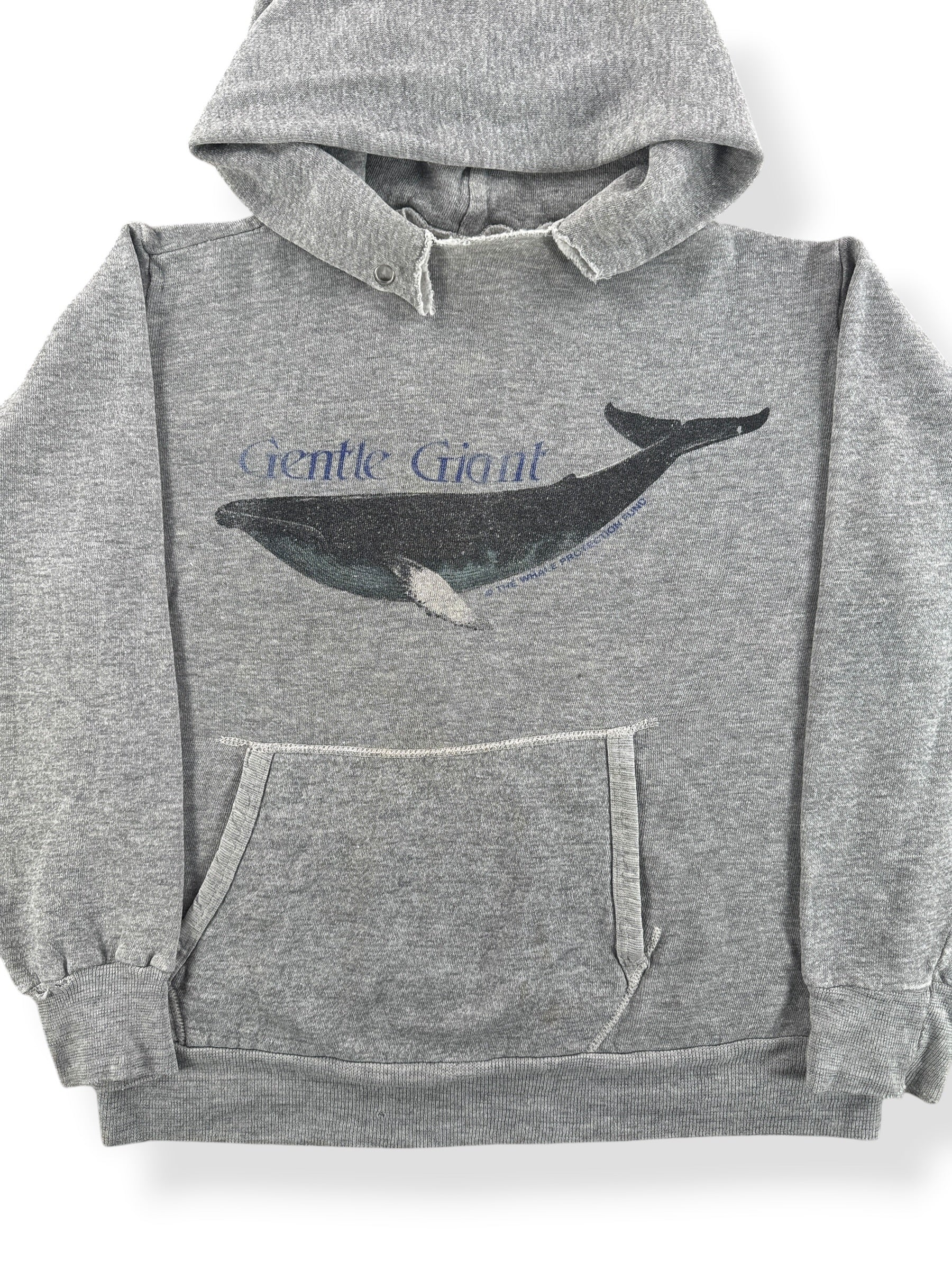 Front Close Up of Vintage 80s Gentle Giant Whale Hoodie SZ S - AS IS