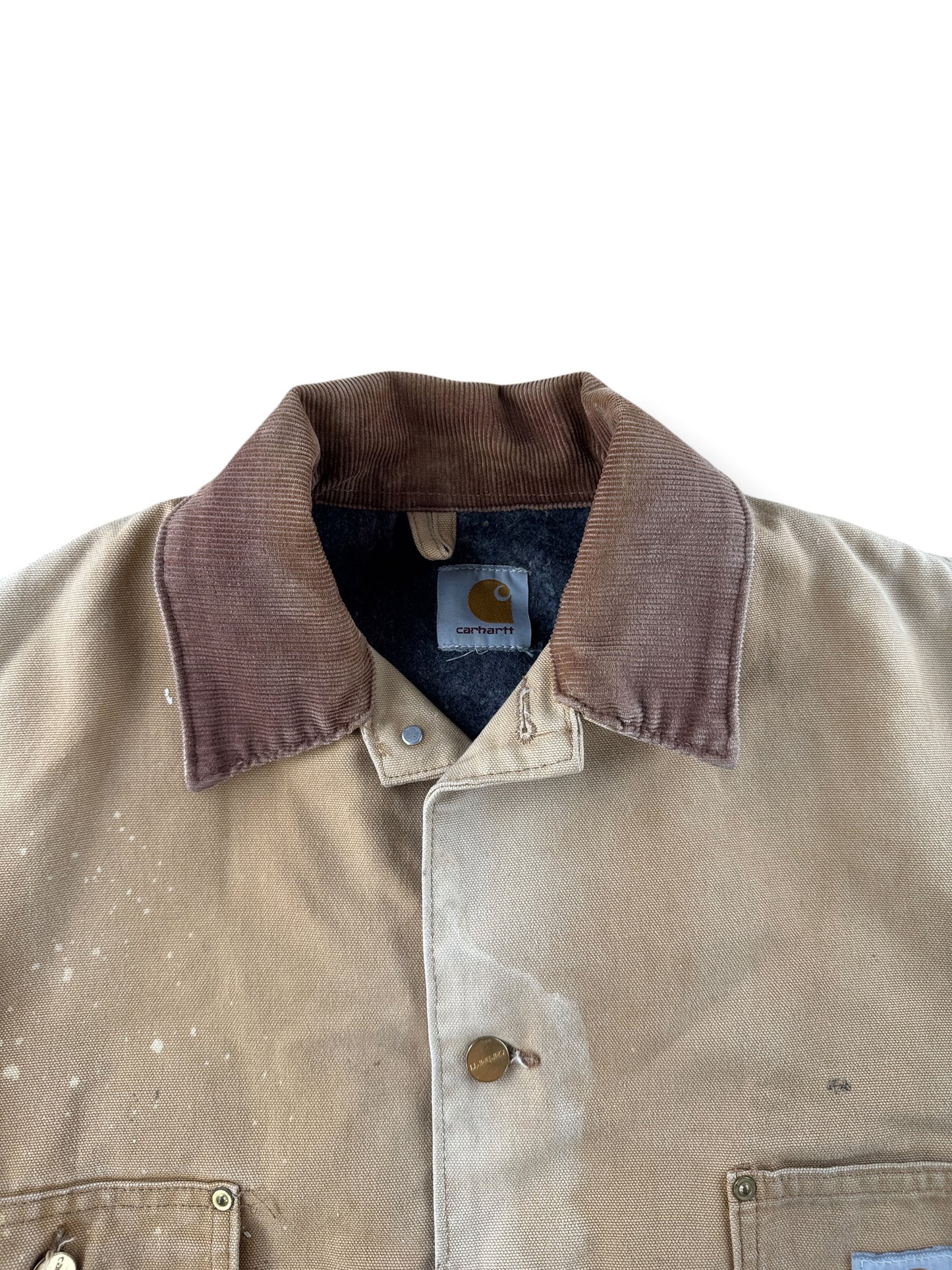 Collar on Vintage Carhartt Paint Splattered Chore Coat SZ XL