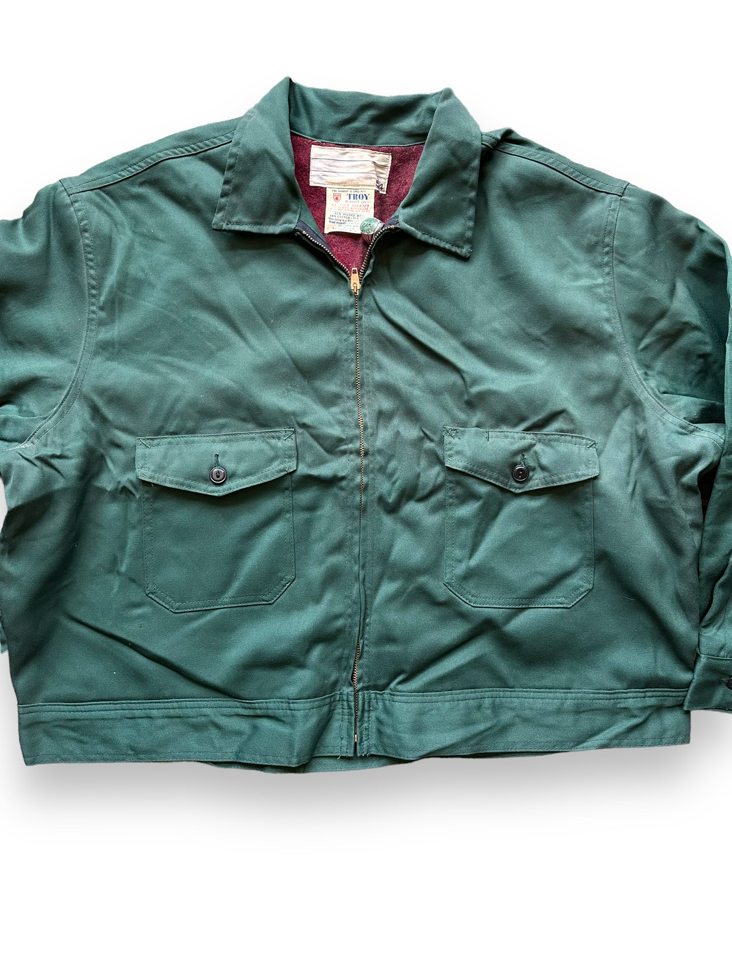 Front Detail on Vintage Green Troyset Blanket Lined Gas Station Jacket SZ 54 | Vintage Workwear Jacket Seattle | Seattle Vintage Clothing