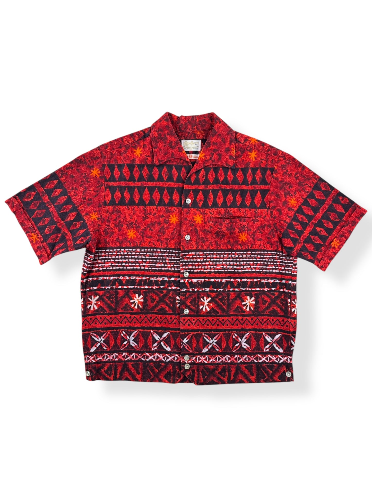 Front of Vintage Iolani Hapa Jac Barkcloth Aloha Shirt SZ M