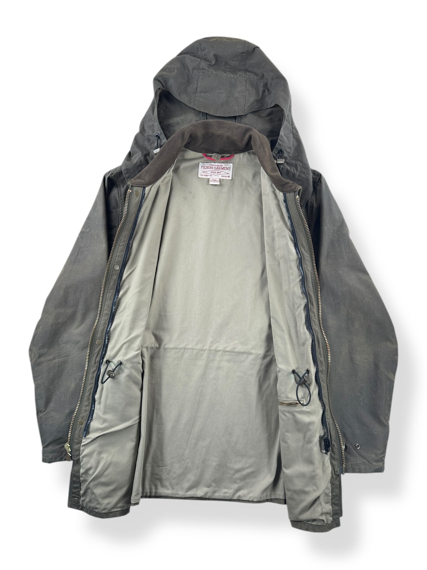 Inside of Filson Otter Green Cover Cloth Mile Marker Jacket SZ L