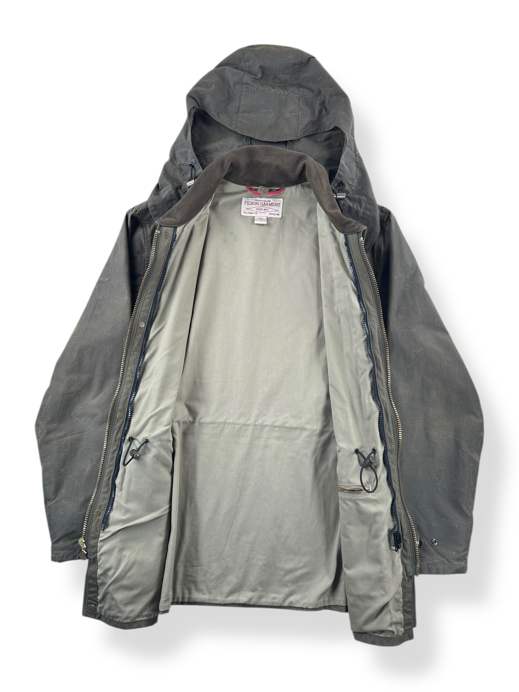Inside of Filson Otter Green Cover Cloth Mile Marker Jacket SZ L