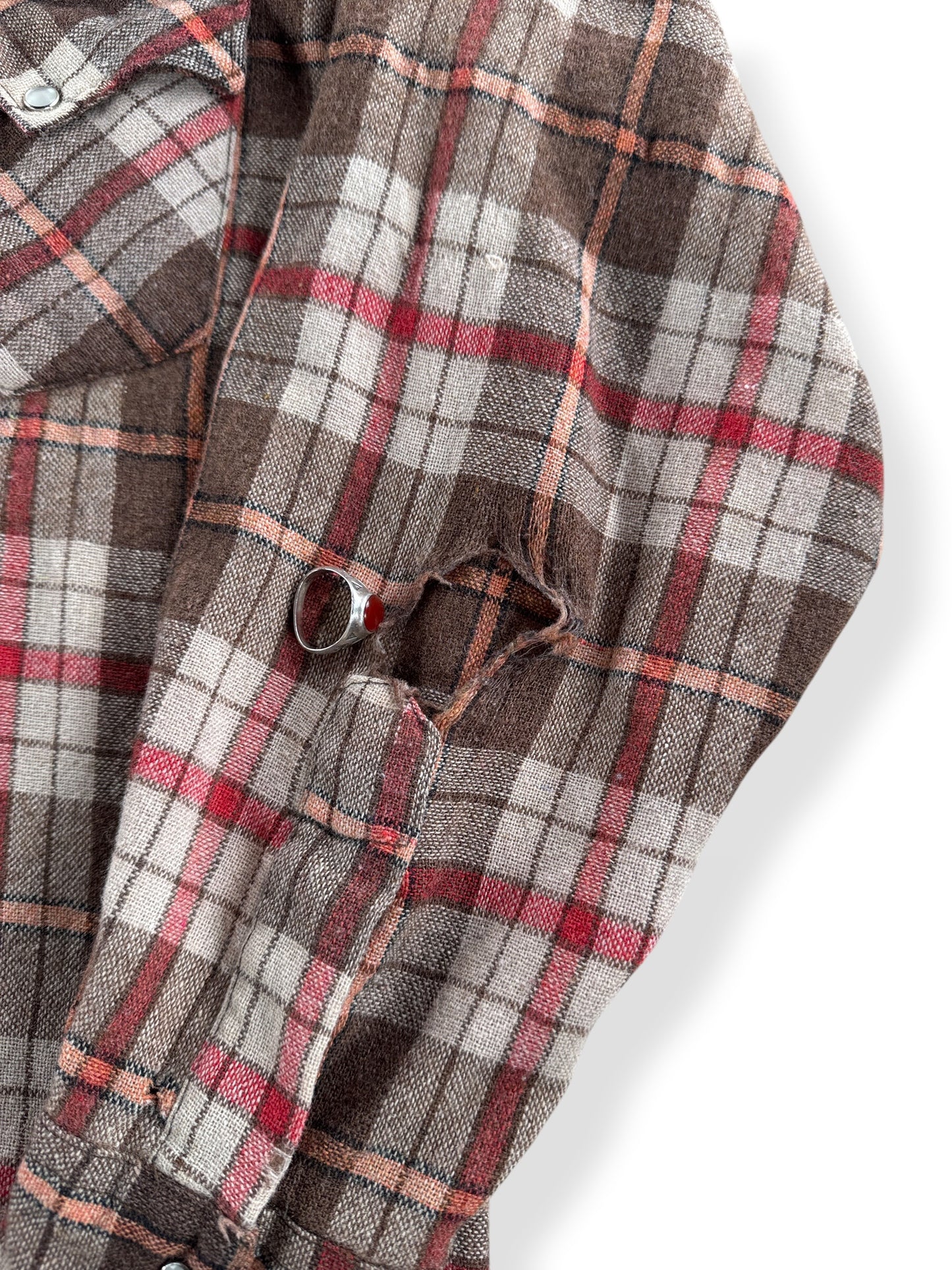 Hole in elbow section of left sleeve on Vintage Champion Westerns Wool Flannel Pearlsnap SZ 16 1/2 - AS IS