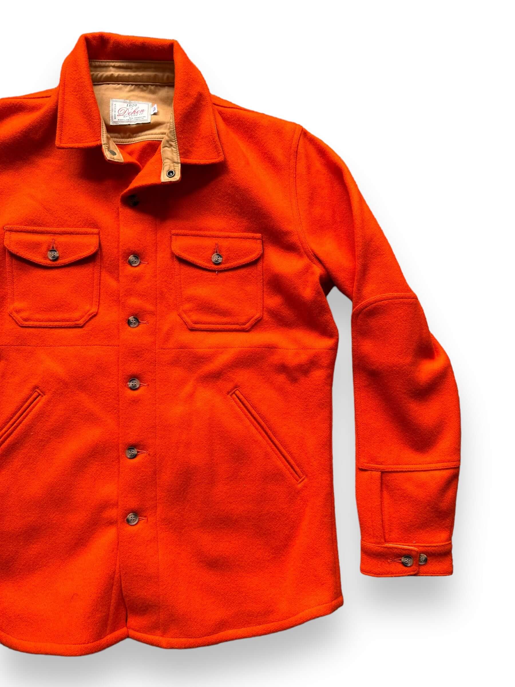 front left of Dehen Knitting Co. Portland Orange Wool Shirt SZ L