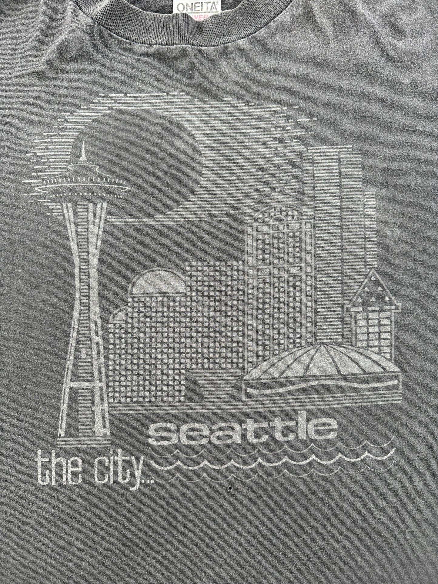 Graphic of Vintage Oneita Black on Black The City Seattle Tee SZ XL
