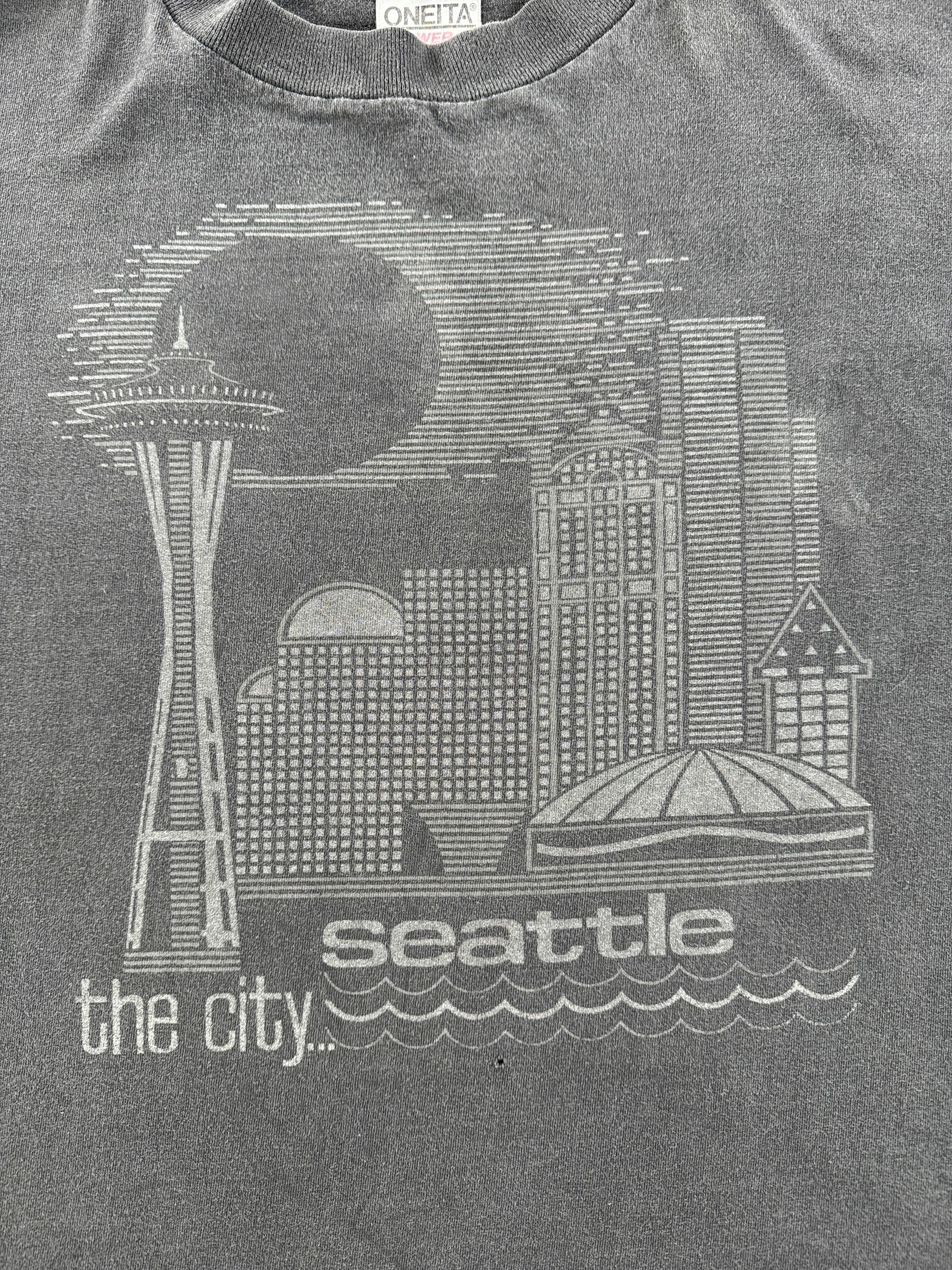 Graphic of Vintage Oneita Black on Black The City Seattle Tee SZ XL