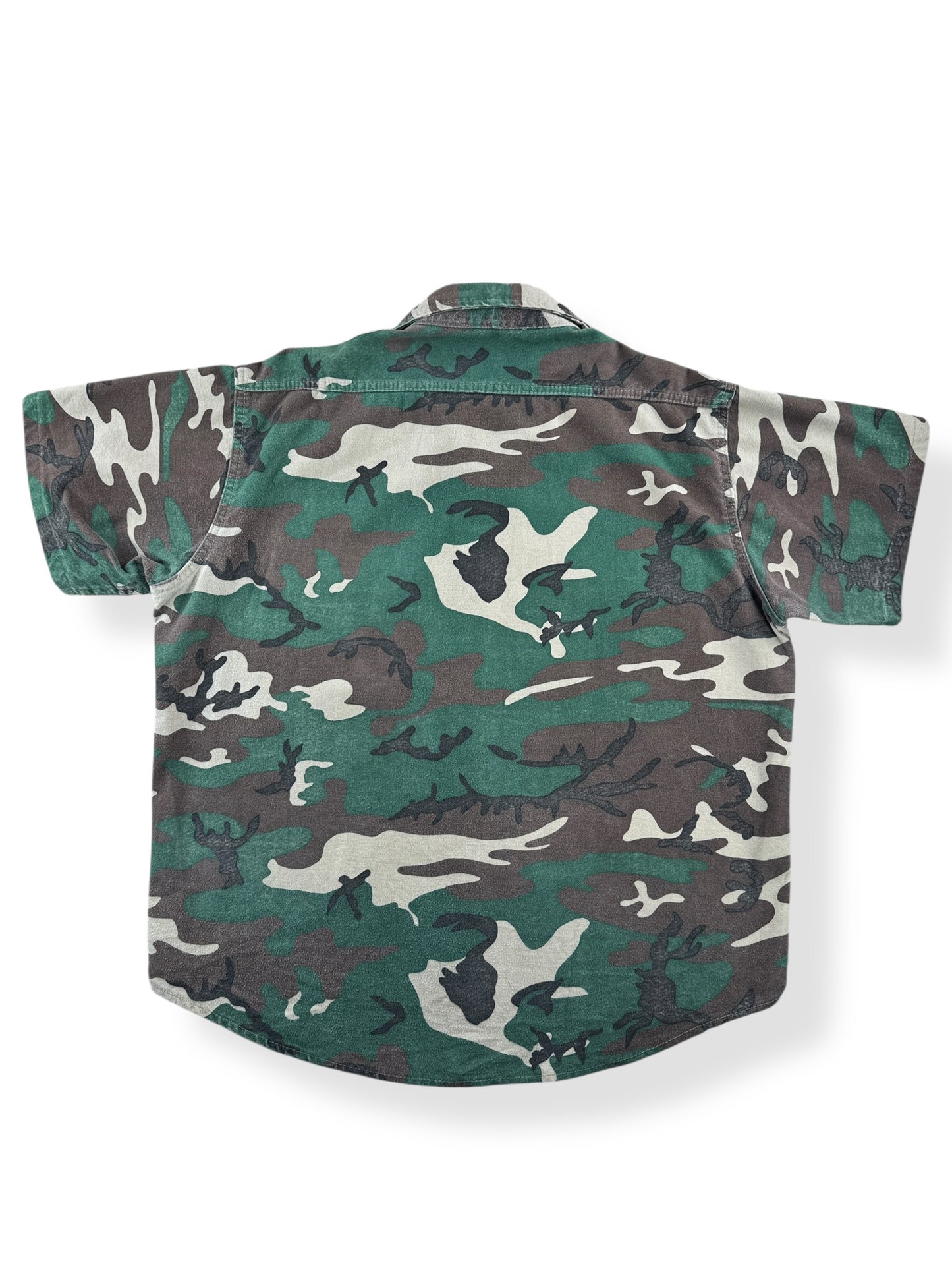 Back of Vintage 80s Cabela's Chamois Cloth Camo Button Up Shirt SZ XL