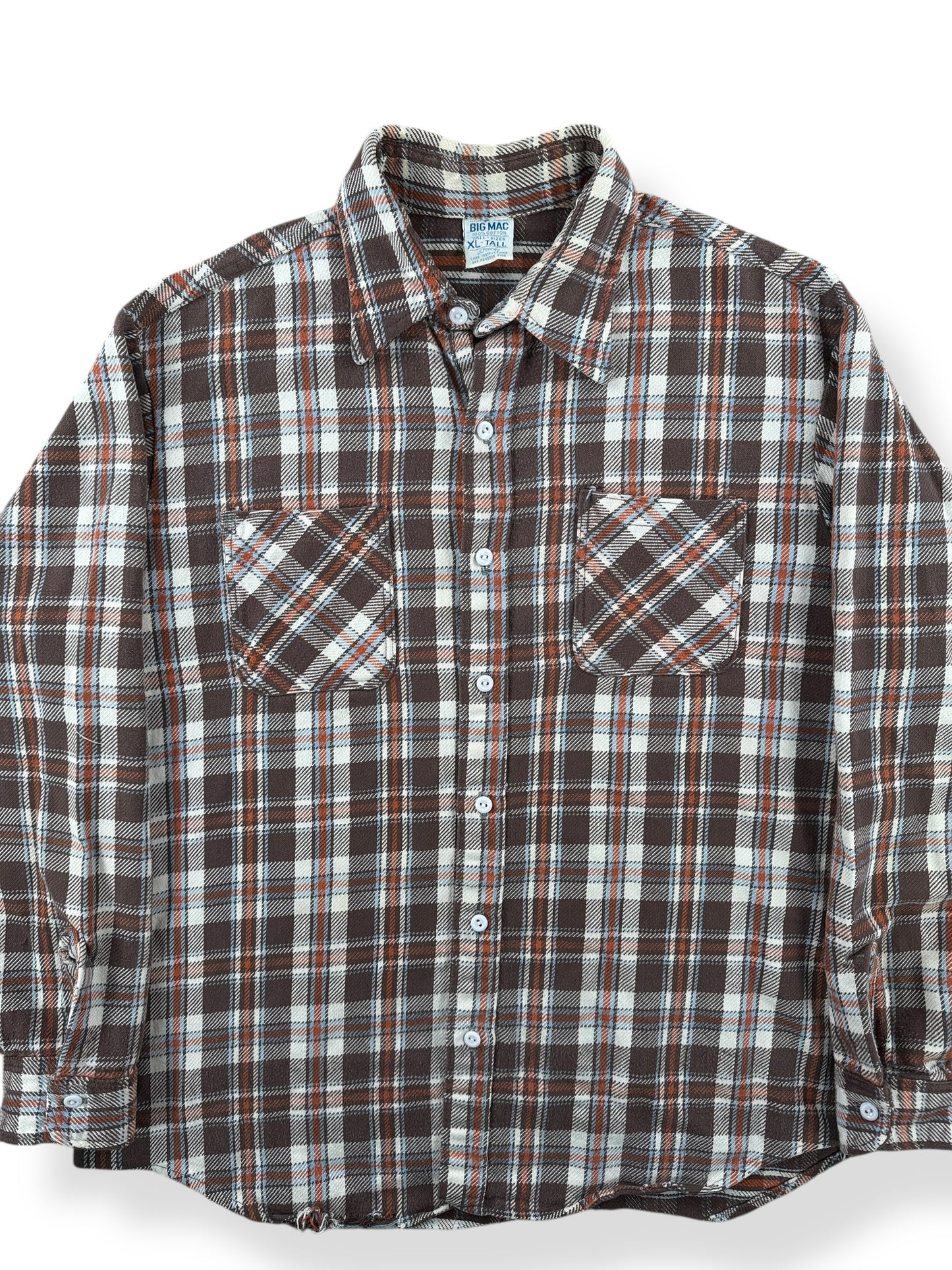 Front Close Up of Vintage Brown Orange Plaid Big Mac Cotton Flannel SZ XL Tall