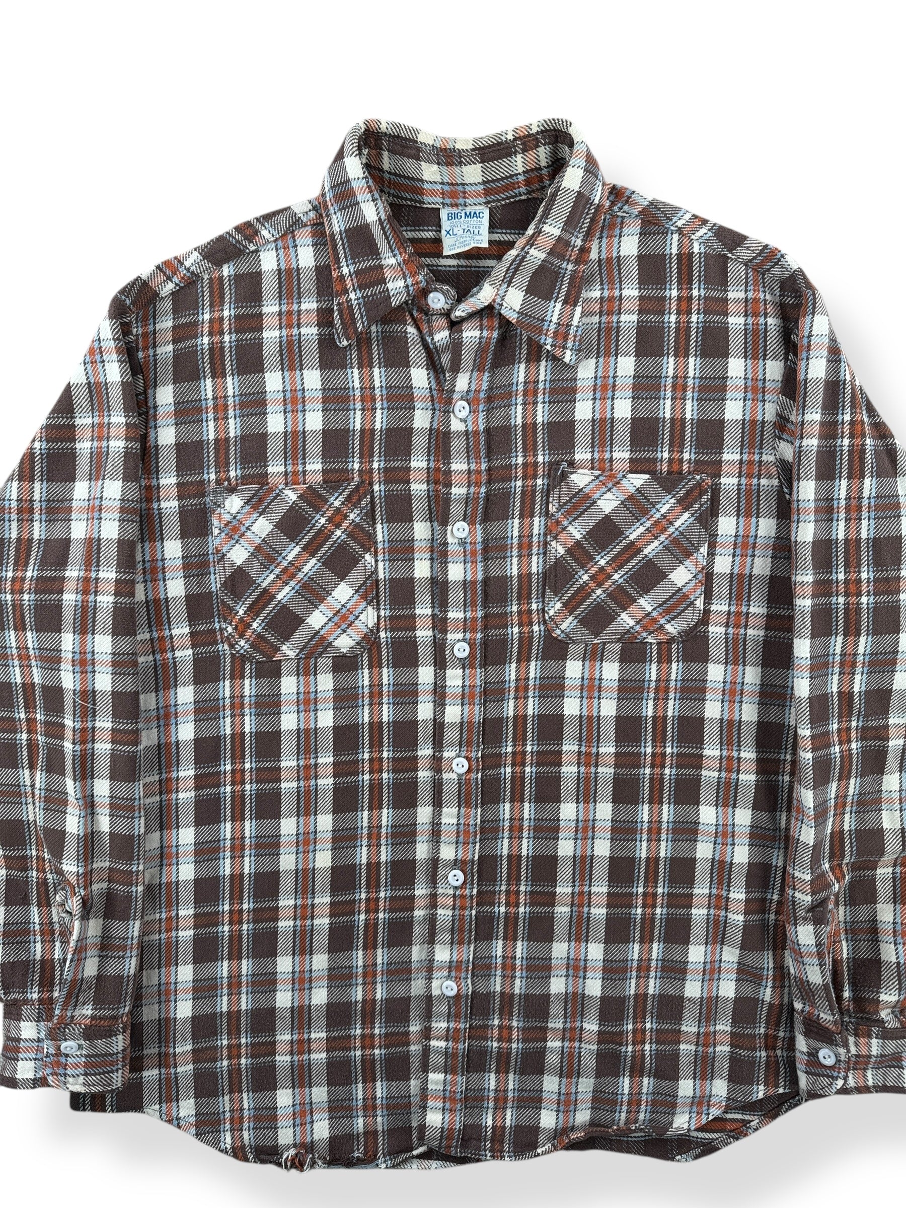 Front Close Up of Vintage Brown Orange Plaid Big Mac Cotton Flannel SZ XL Tall