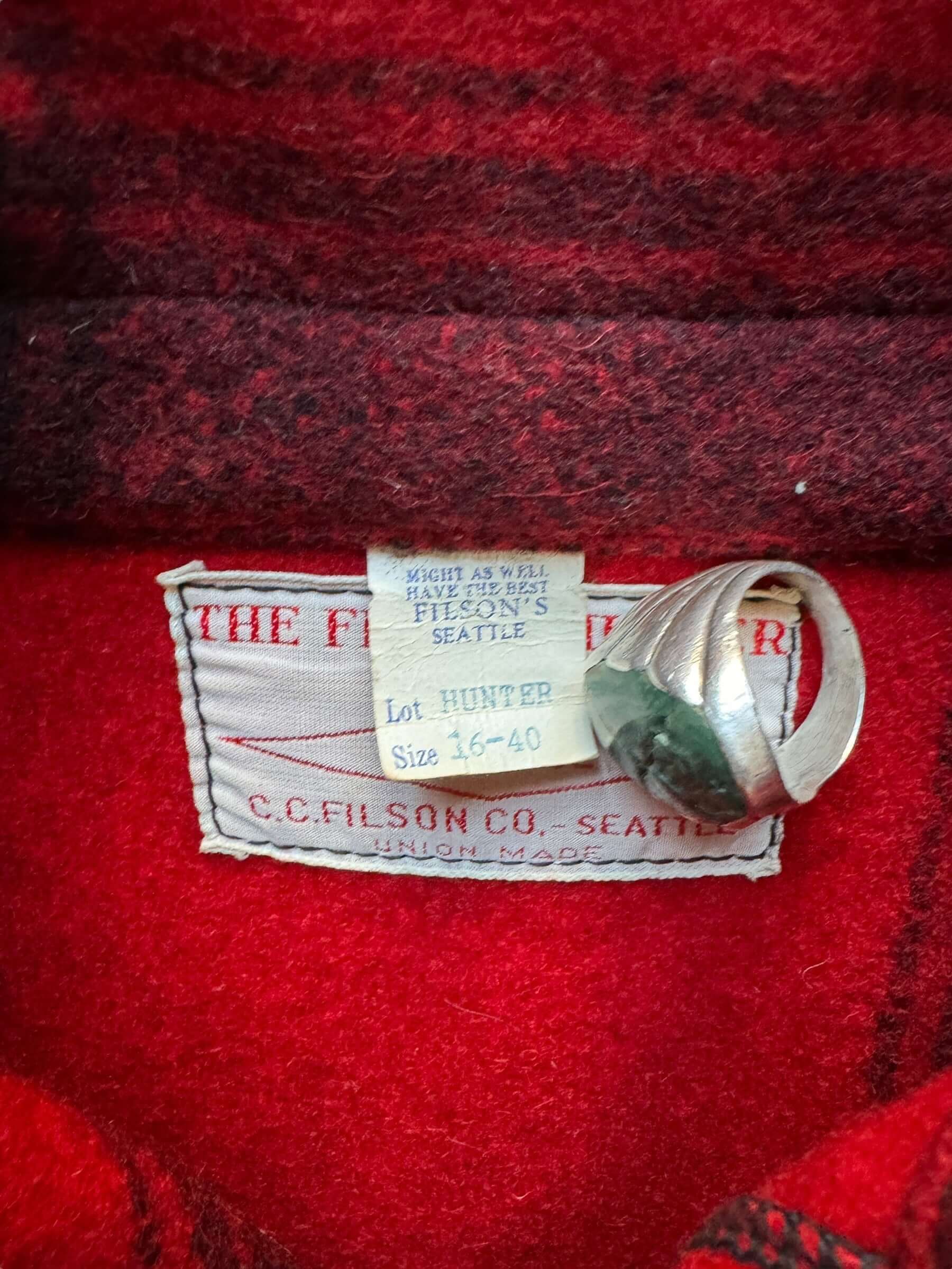 Production Tag View of Vintage Union Made 75% Red Filson Style 85 Hunter SZ 40