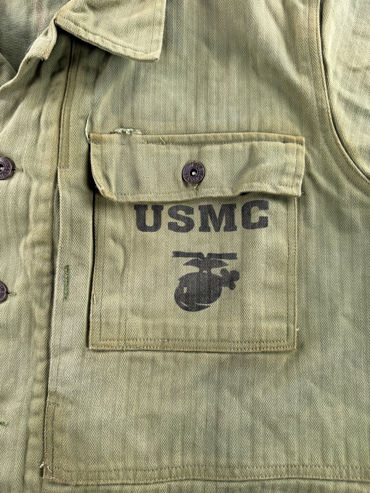 Close up of pocket on Repro WW2 USMC HBT Shirt