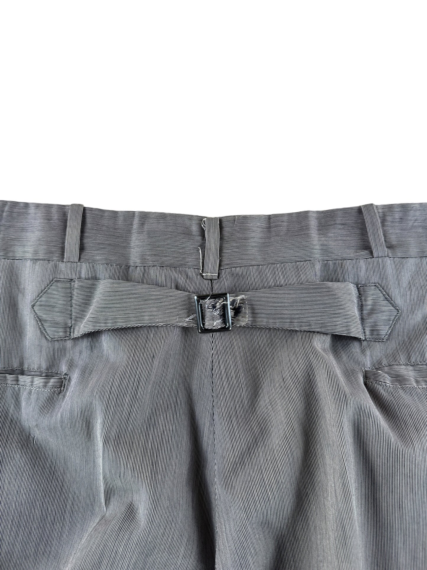 Back Buckle on Vintage 50s Pinstripe Buckleback Trousers W34