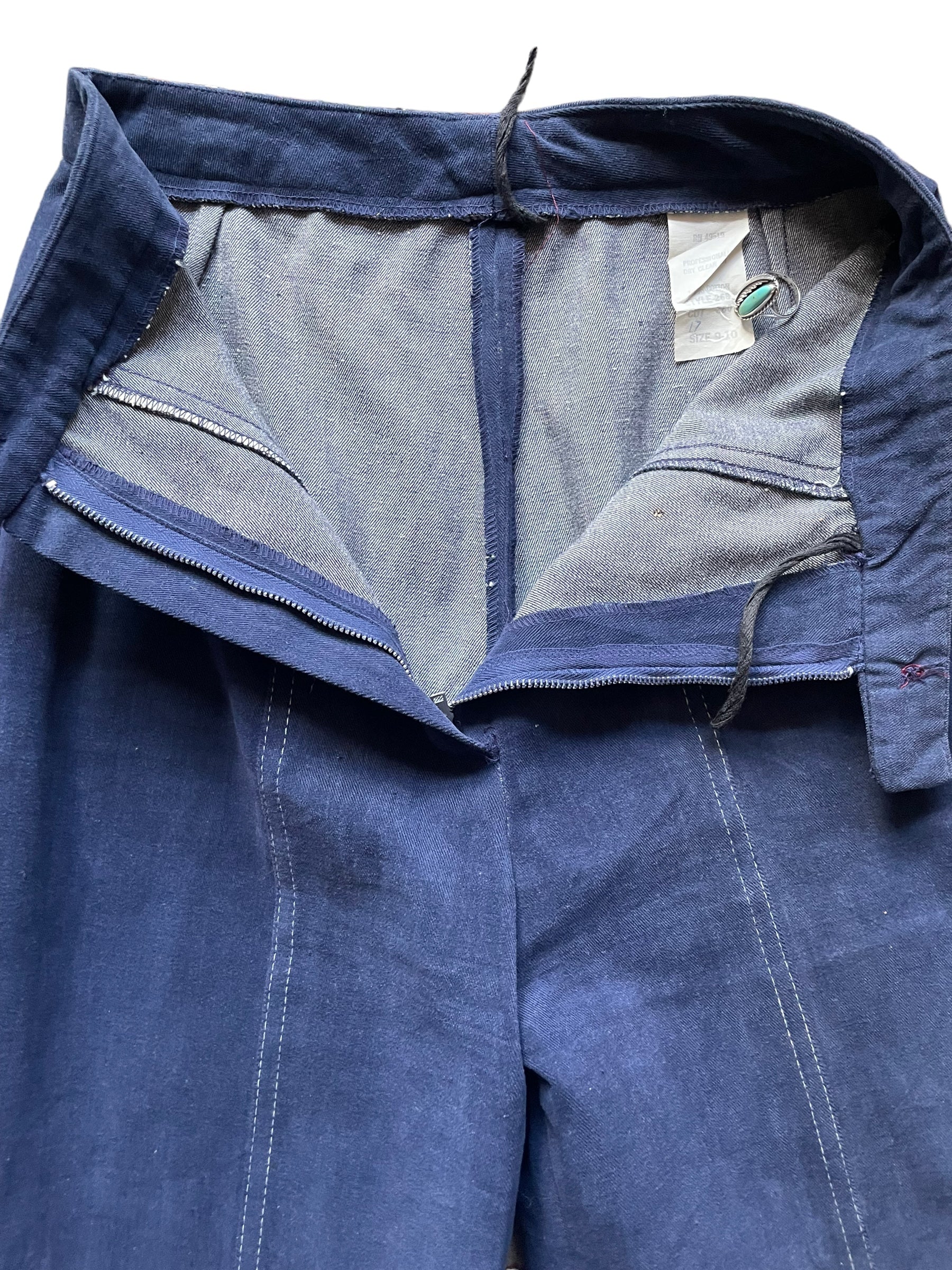 Open zipper view of Vintage 1970s Navy Moleskin Wide Leg Bells W26 | Barn Owl Vintage Seattle | Vintage 70s Moleskin Trousers