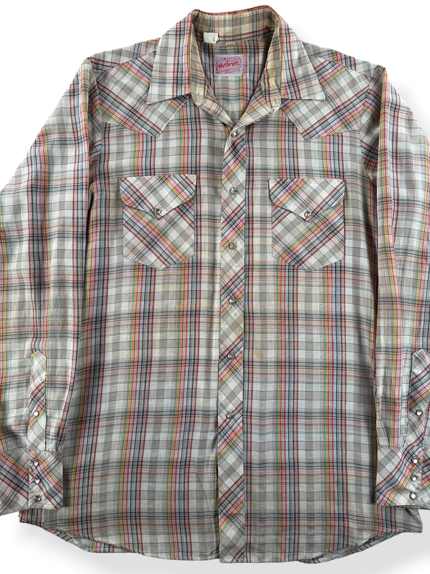 Front Close Up of Vintage Westerner Gold Fleck Pearl Snap Shirt SZ L