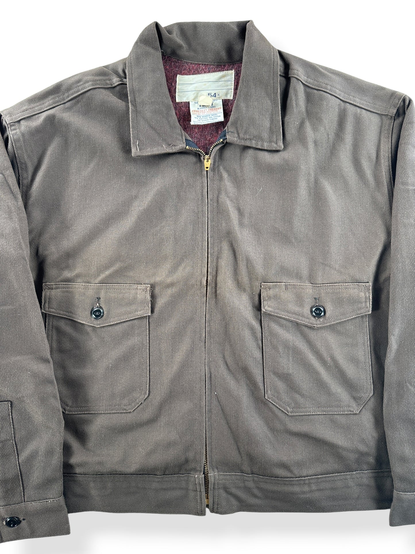 Front Close Up of Vintage Brown Troy Blanket Lined Work Jacket SZ 54