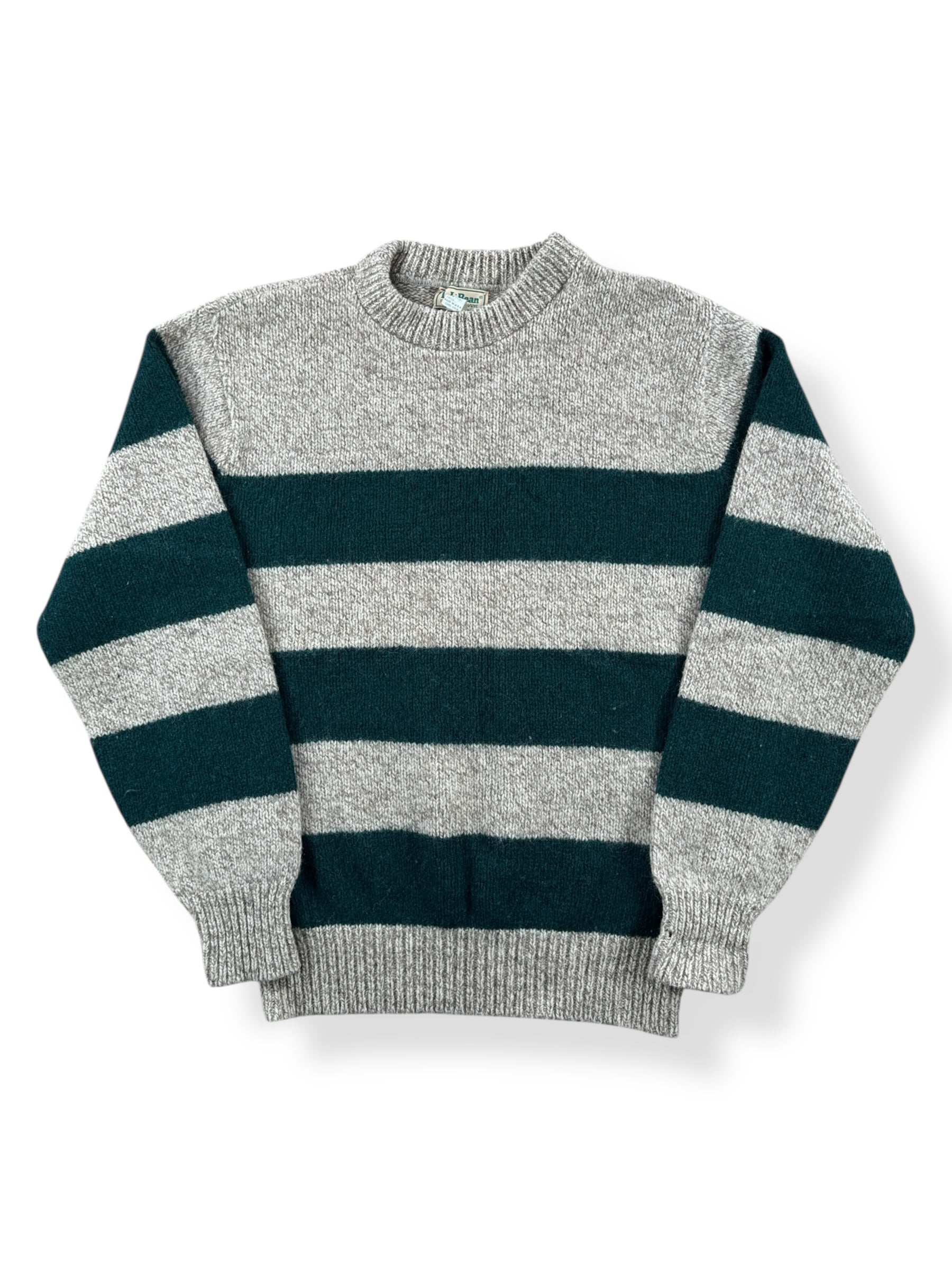 Front of Vintage LL Bean Green Striped Ragg Wool Blend Sweater SZ L