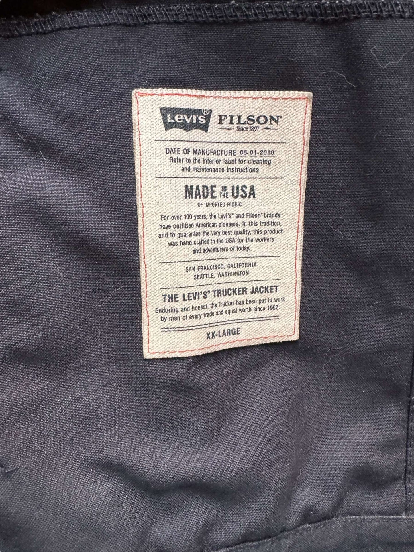 tag on Filson X Levis Black Type III Trucker Jacket SZ XXL