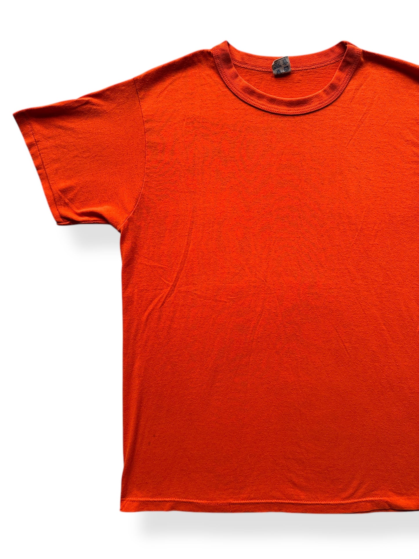 Front Right of Vintage Champion Blue Bar Orange Blank Tee SZ XL