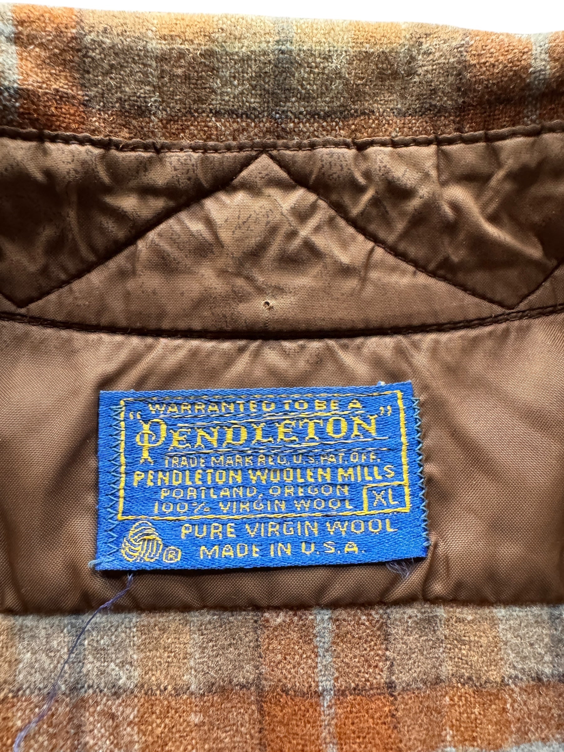 Label on Vintage Orange Plaid Pendleton Flannel SZ XL