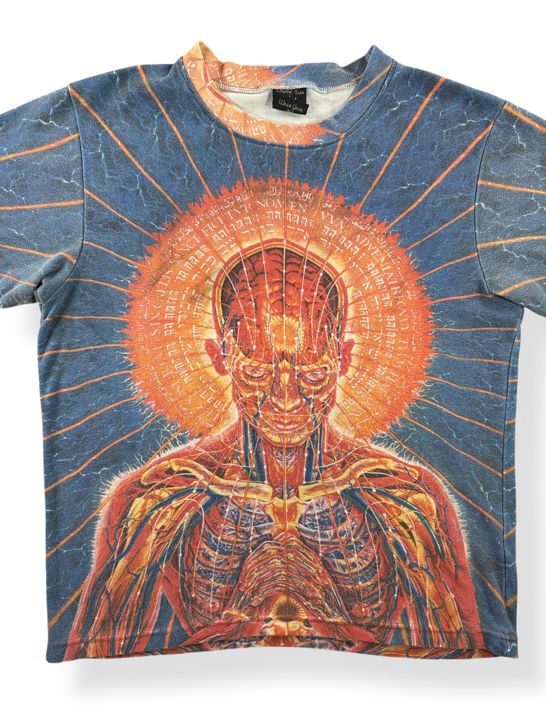 Front Close Up of Vintage Crystal Tara Alex Grey AOP Tee SZ M