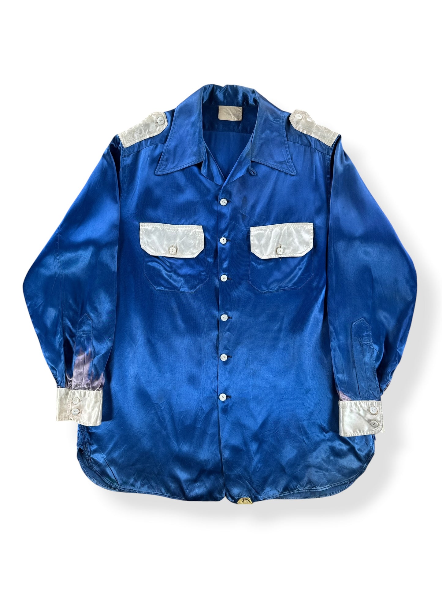 Front of Vintage Blue Satin Loop Collar Shirt SZ M