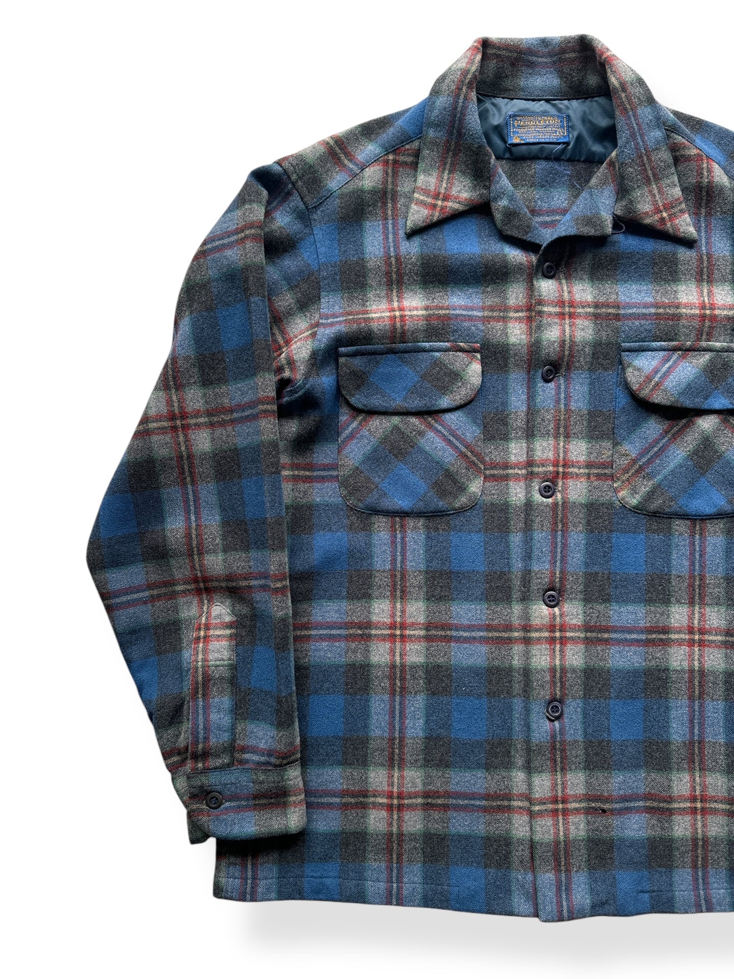 Front Right of Vintage Blue Plaid Pendleton Board Shirt SZ L