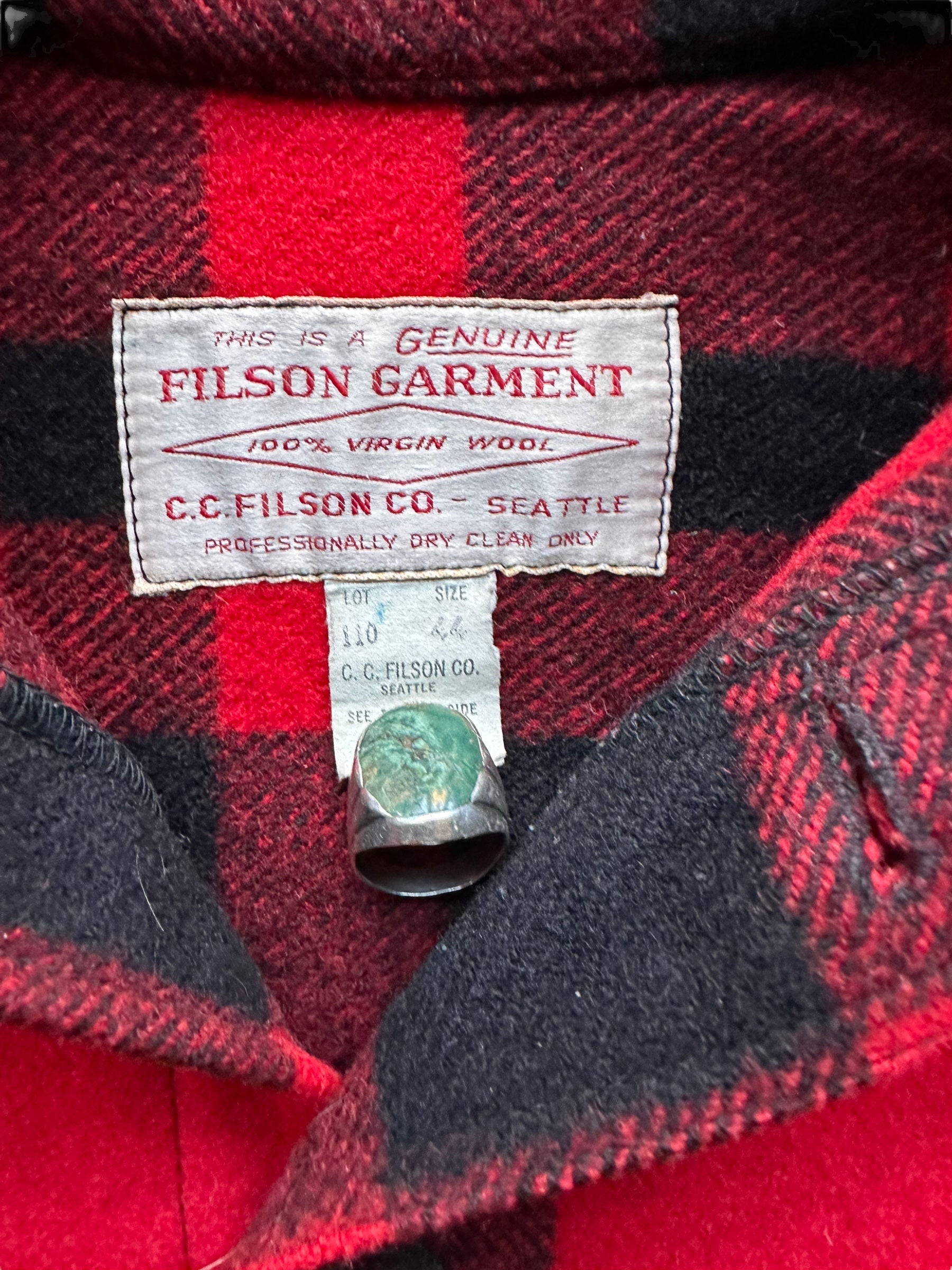 Tag View of Vintage Filson Mackinaw Wool Cruiser SZ 44 |  Barn Owl Vintage Goods | Vintage Workwear Seattle