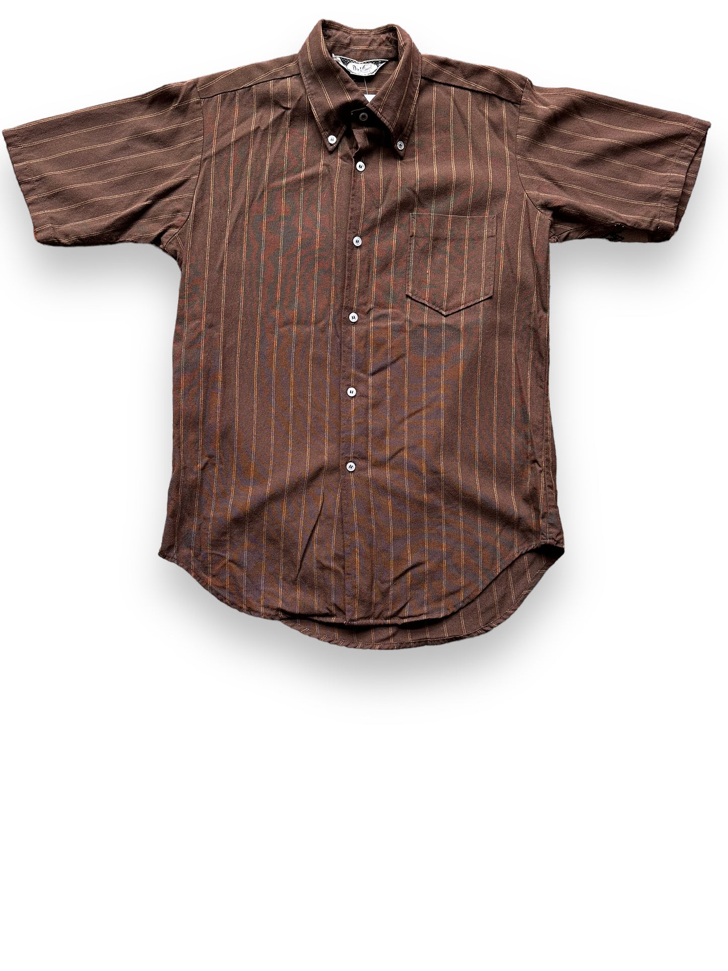 Front View of Vintage Davinci Brown Stripe Short Sleeve Button Up Shirt SZ M | Vintage Button Up Shirt Seattle | Barn Owl Vintage Seattle