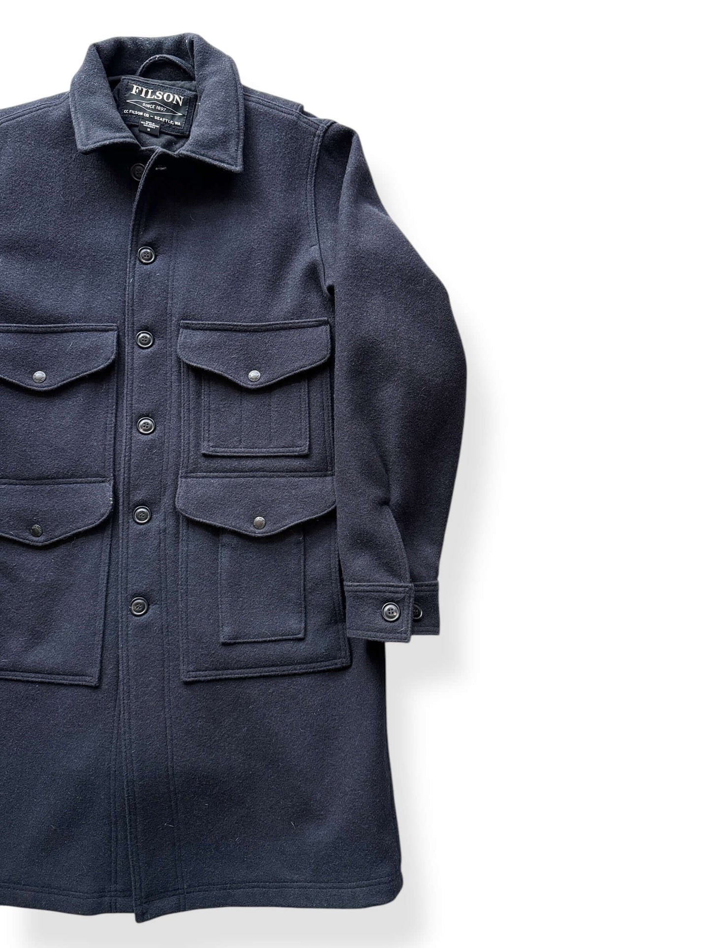 Front Left of Filson Navy Long Mackinaw Wool Cruiser SZ M