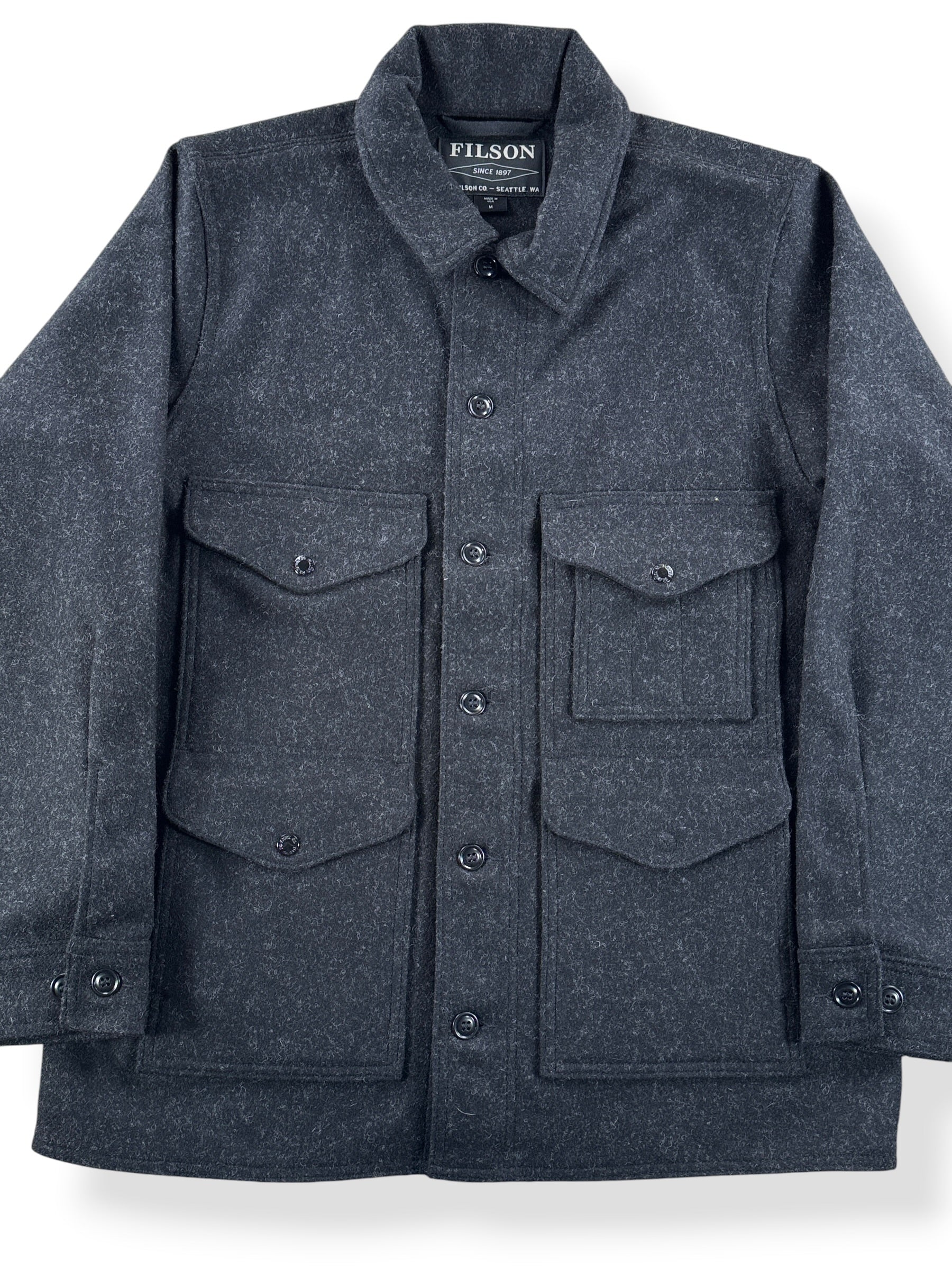 Front Close Up of Filson Charcoal Mackinaw Wool Cruiser SZ M