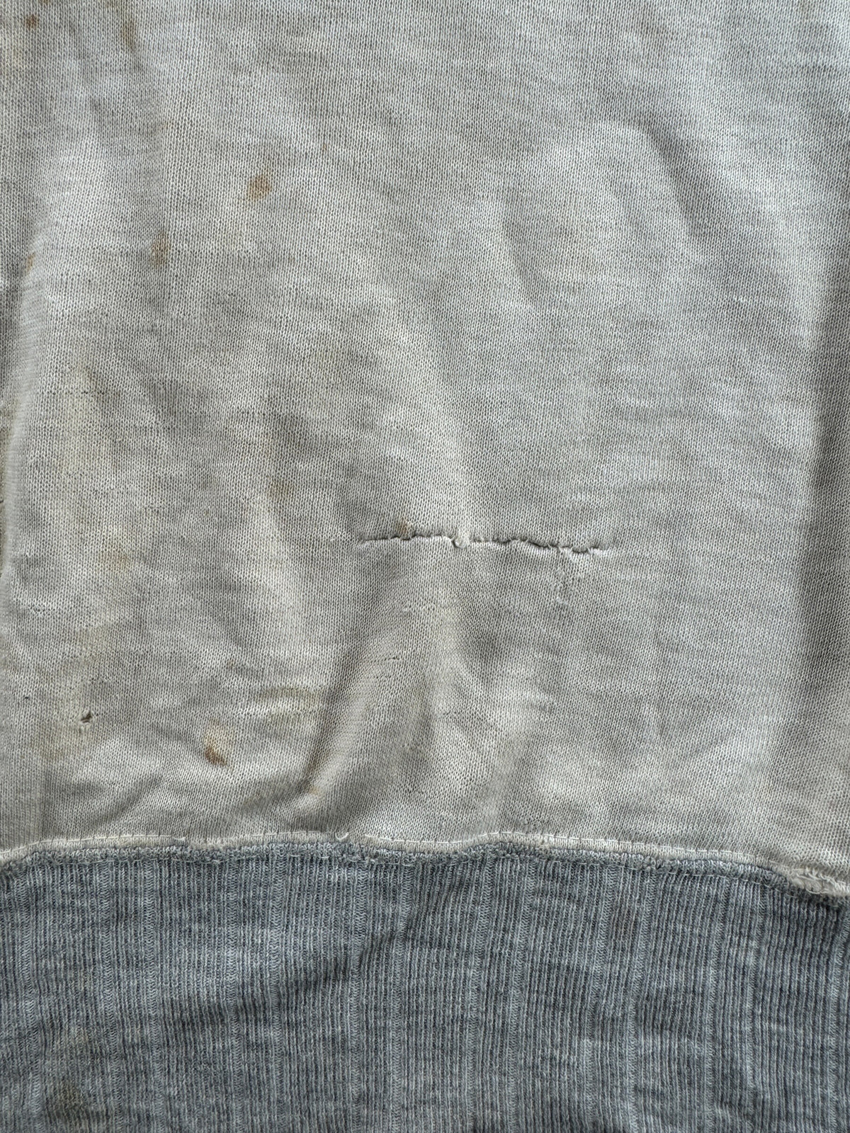 Repair on front of Vintage Thrashed 1940s Quarterzip Sweatshirt SZ L