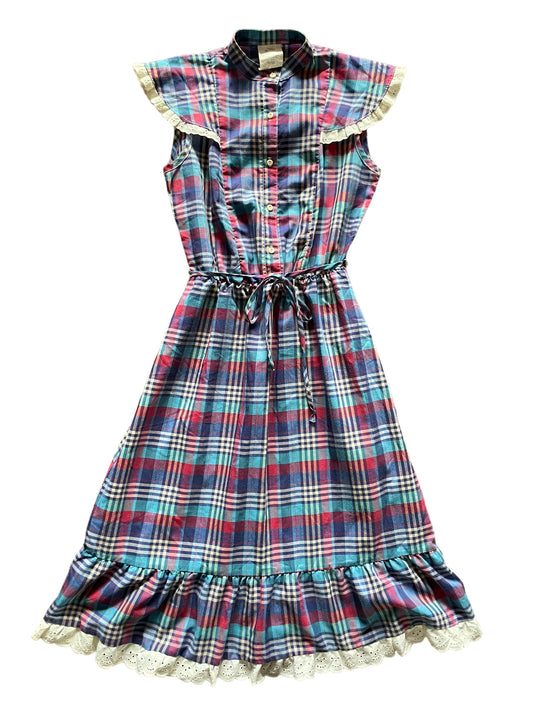 Full front view of Vintage 1980s plaid Dress With Eyelet Ruffles SZ S-M |  Barn Owl Vintage Dresses | Seattle Vintage Ladies Clothing