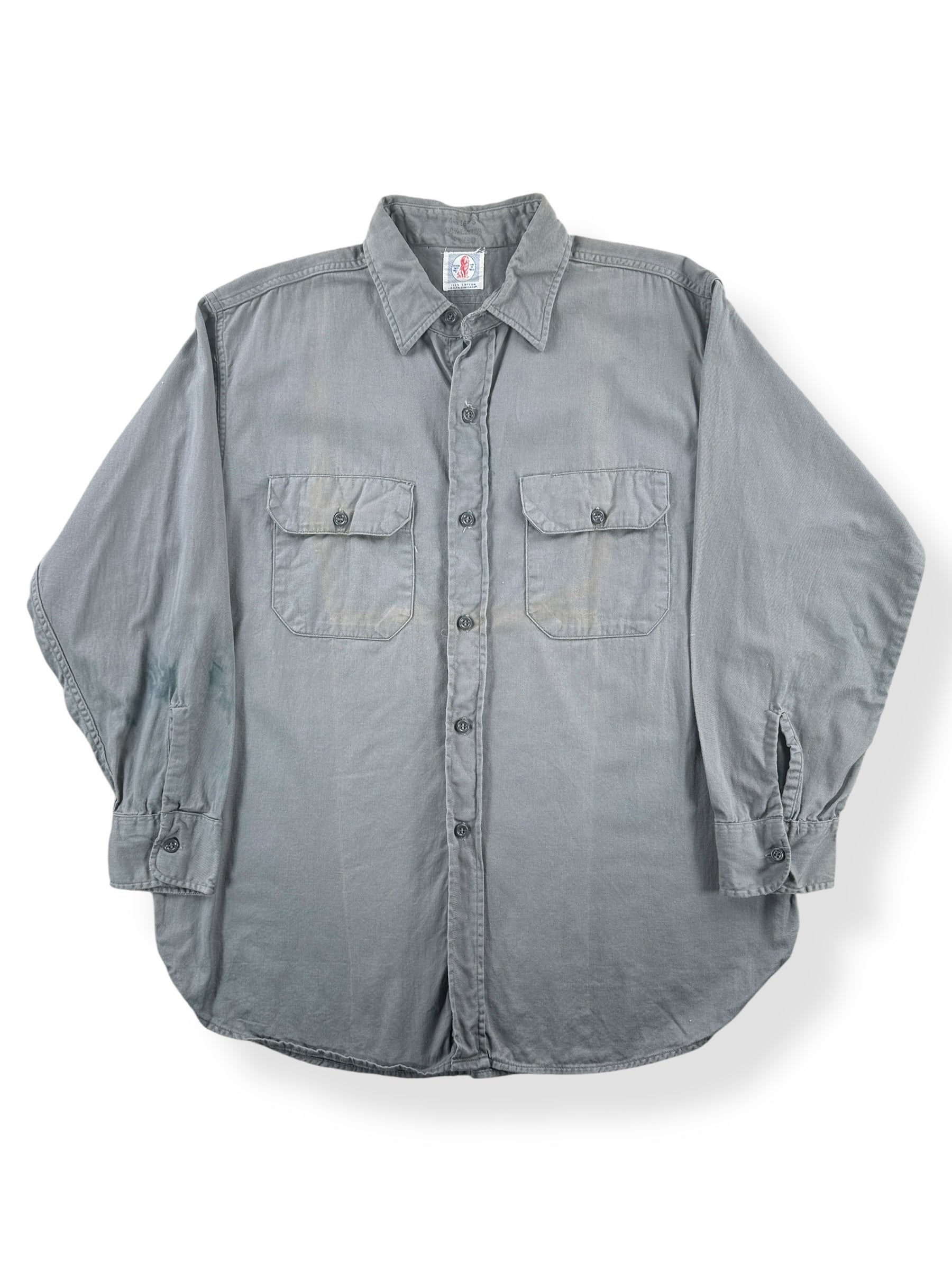 Front of Vintage Stevens Twist Twill Grey Work Shirt SZ L AS IS