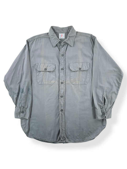 Front of Vintage Stevens Twist Twill Grey Work Shirt SZ L AS IS