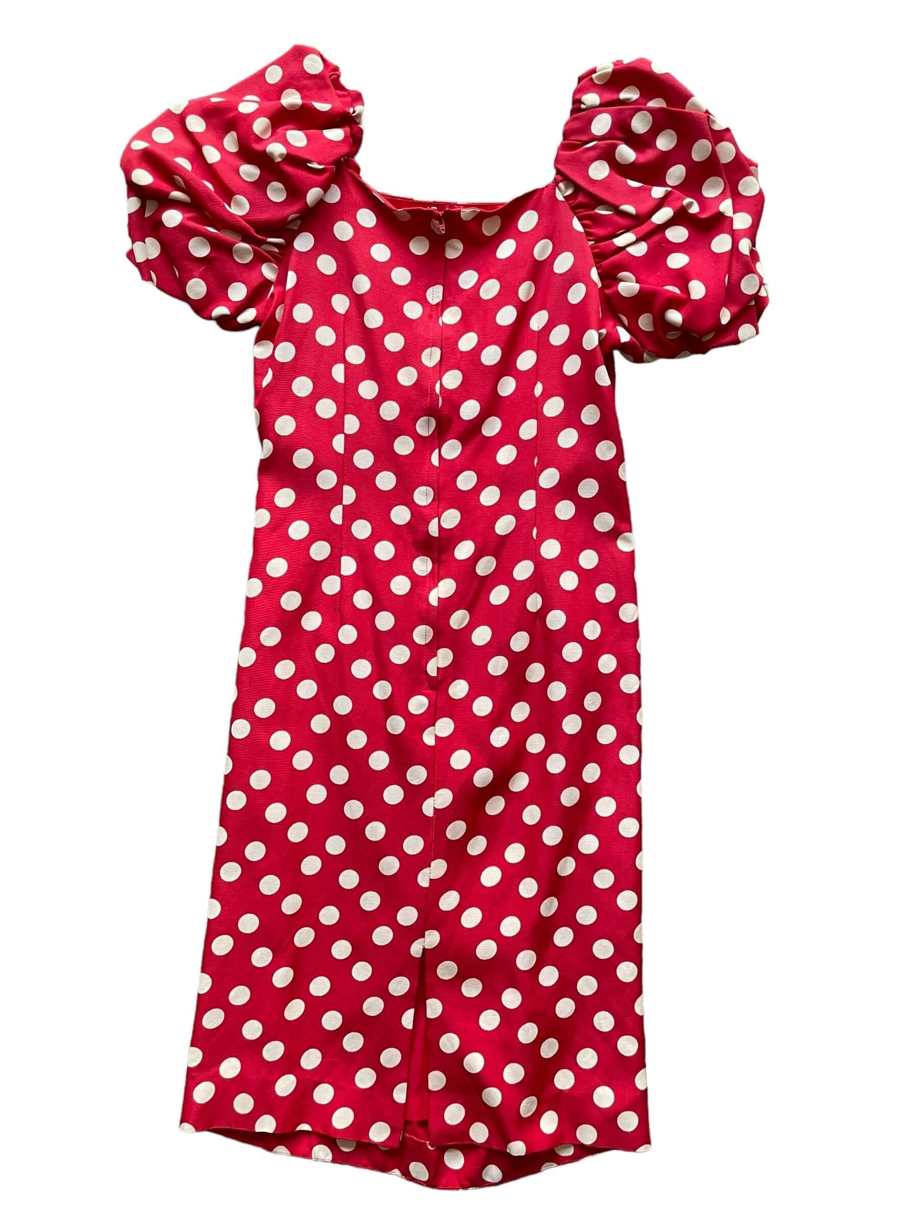 Full back view of 1980s Poofy Red Polka Dot Wiggle Dress M-L