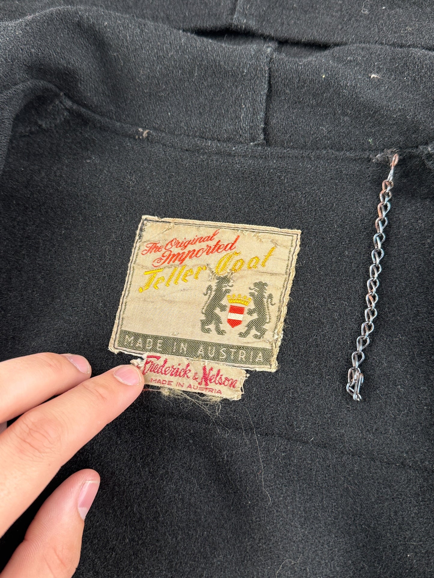 Tags on Vintage Frederick And Nelson Black Wool Toggle Front Coat SZ XL