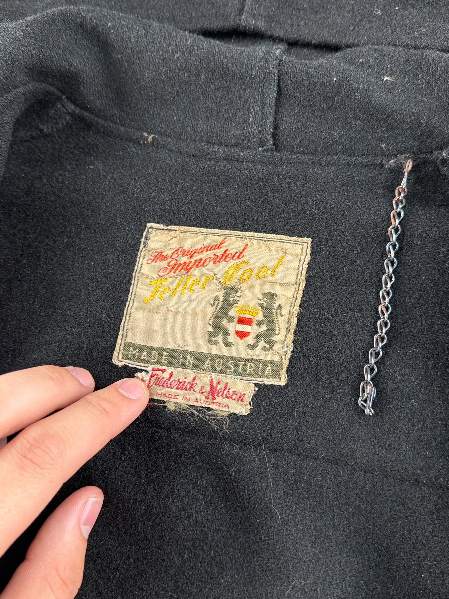 Tags on Vintage Frederick And Nelson Black Wool Toggle Front Coat SZ XL